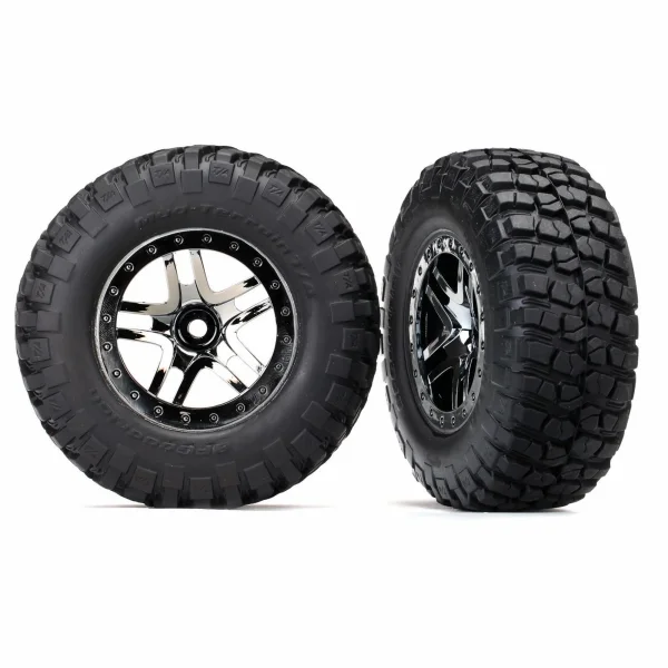 Traxxas Tires wheels assembled glued (SCT Split-Spoke black chrome beadlock style wheels BFGoodrich Mud-Terrain T/A KM2 ultra-soft S1 compound off-road racing tires foam inserts) (2) (4WD f/r 2WD rear) (TSM rated)