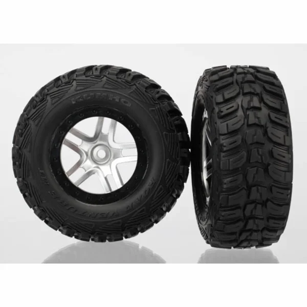 Traxxas Tires wheels assembled glued (SCT Split-Spoke satin chrome black beadlock style wheels Kumho tires foam inserts) (2) (4WD front/rear 2WD rear only) — image 1 of 3