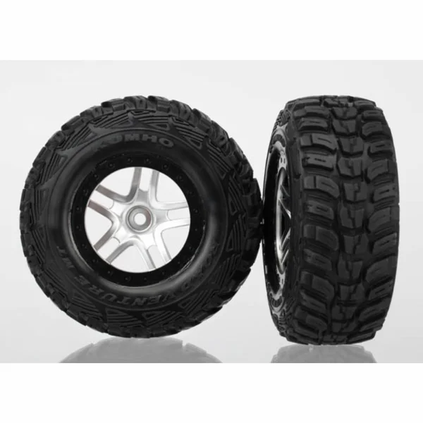 Traxxas Tires wheels assembled glued (S1 ultra-soft off-road racing compound) (SCT Split-Spoke satin chrome black beadlock style wheels Kumho tires foam inserts) (2) (4WD front/rear 2WD rear only)