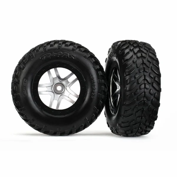 Traxxas Tires wheels assembled glued (SCT Split-Spoke satin chrome black beadlock style wheels dual profile (2.2 outer 3.0 inner) SCT off-road racing tires foam inserts) (2) (4WD f/r 2WD rear) (TSM rated)