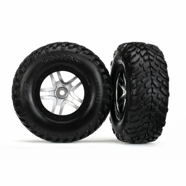 Traxxas Tires wheels assembled glued (S1 compound) (SCT Split-Spoke satin chrome black beadlock style wheels dual profile (2.2 outer 3.0 inner) SCT off-road racing tires foam inserts) (2) (4WD f/r 2WD rear) (TSM rated)