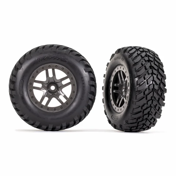 Traxxas Tyres + wheels, assembled, glued (SCT Split-Spoke gray beadlock style wheels, SCT off-road racing Tyres, foam inserts) (2) (4WD f/r, 2WD rear) (TSM rated)