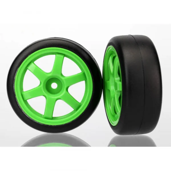Traxxas Tires and wheels assembled glued (Volk RacingTE37 green wheels 1.9 Gymkhana slick tires) (2)