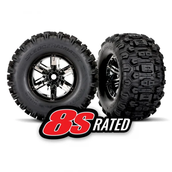 Traxxas X-MAXX Sledgehammer Tyres Pre Glued on Black Chrome Wheels (2)