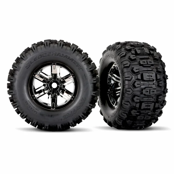 Traxxas X-MAXX Sledgehammer Tyres Pre Glued on Black Chrome Wheels (2)