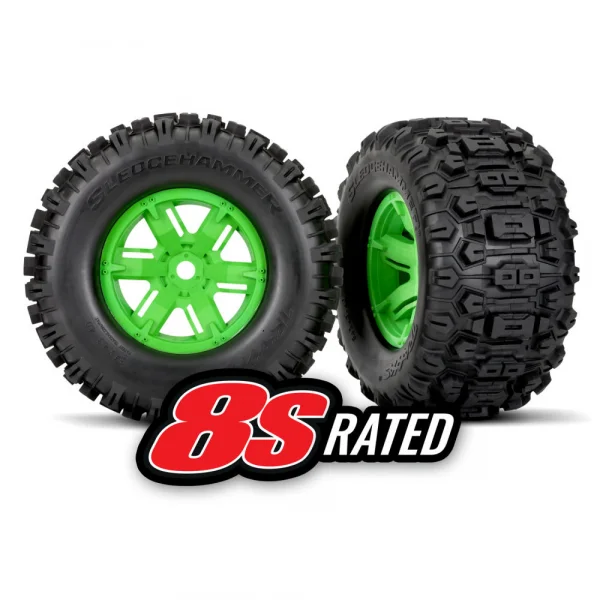 Traxxas X-MAXX Sledgehammer Tyres Pre Glued on Green Wheels (2)
