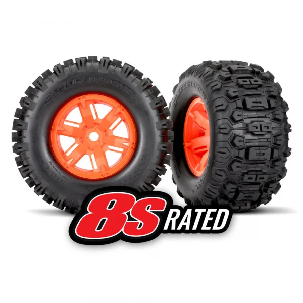 Traxxas X-MAXX Sledgehammer Tyres Pre Glued on Orange Wheels (2)