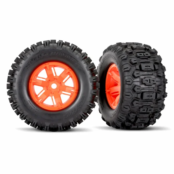 Traxxas X-MAXX Sledgehammer Tyres Pre Glued on Orange Wheels (2)