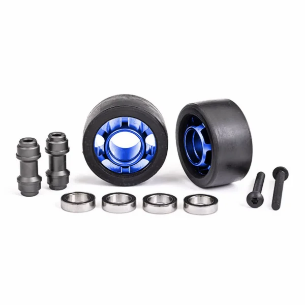 Traxxas Wheels, wheelie bar, 6061-T6 aluminium (blue-anodised) (2)/ axle, wheelie bar, 6061-T6 aluminium (2)/ 10x15x4 ball bearings (4)