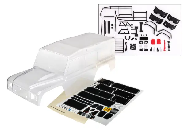 Traxxas Land Rover Defender Clear Bodyshell - Complete (includes grille, side mirrors, door handles, windshield wipers, ExoCage, spare tire mount, decals, window masks) (325mm WB) &mdash; image 2 of 2