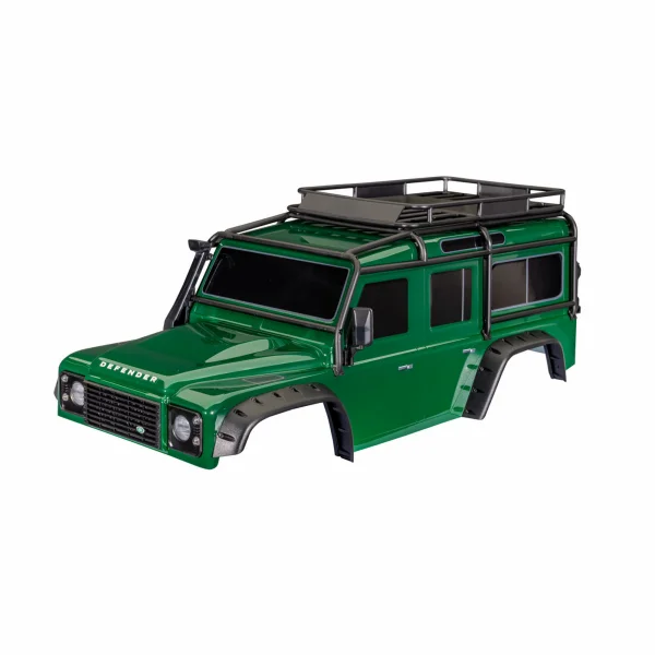 Traxxas Body, Land Rover Defender, Green (complete with ExoCage, fuel canisters, jack, spare tyre mount + clipless mounting)