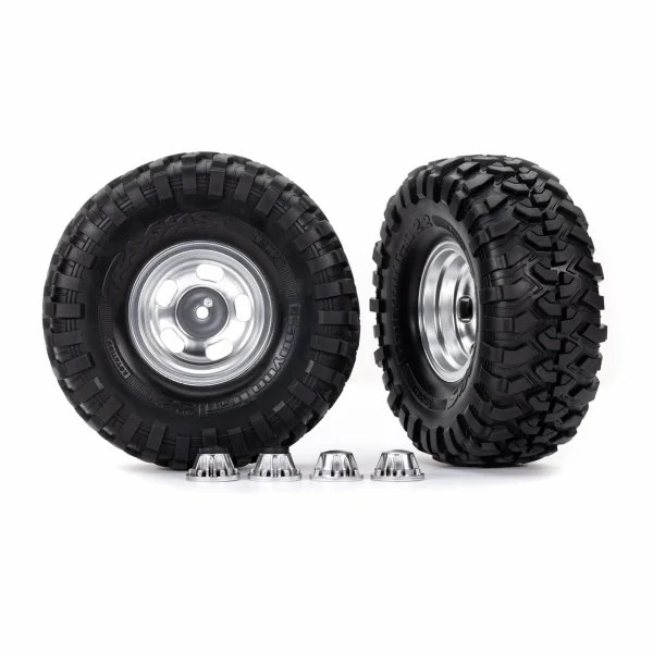 Traxxas Tyres + wheels, assembled, glued (2.2in satin chrome wheels, Canyon Trail 5.3 x 2.2in Tyres) (2)/ center caps (2) (requires 8255A extended thread stub axle)
