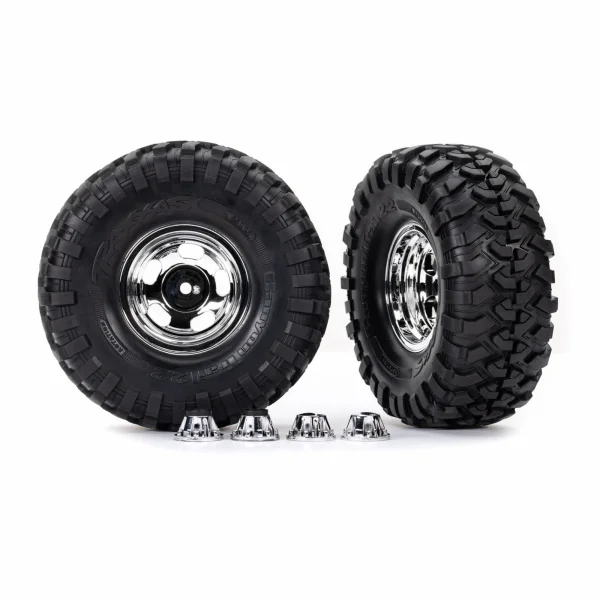 Traxxas Tyres + wheels, assembled, glued (2.2in chrome wheels, Canyon Trail 5.3 x 2.2in Tyres) (2)/ center caps (2)/ decal sheet (requires 8255A extended thread stub axle)