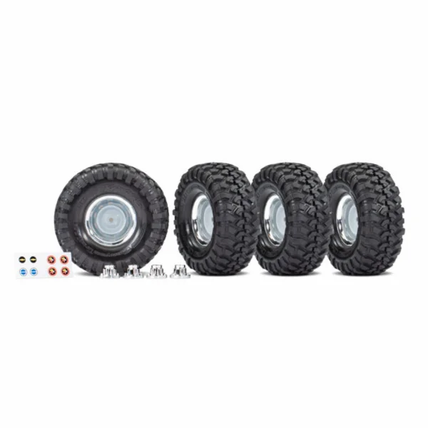 Traxxas Tyres and wheels, assembled, glued (19 chrome wheels, Canyon Trail 46x19 Tyres) (4 pcs)/ center caps (4 pcs)/ decal sheet (requires 8255A extended stub axle)
