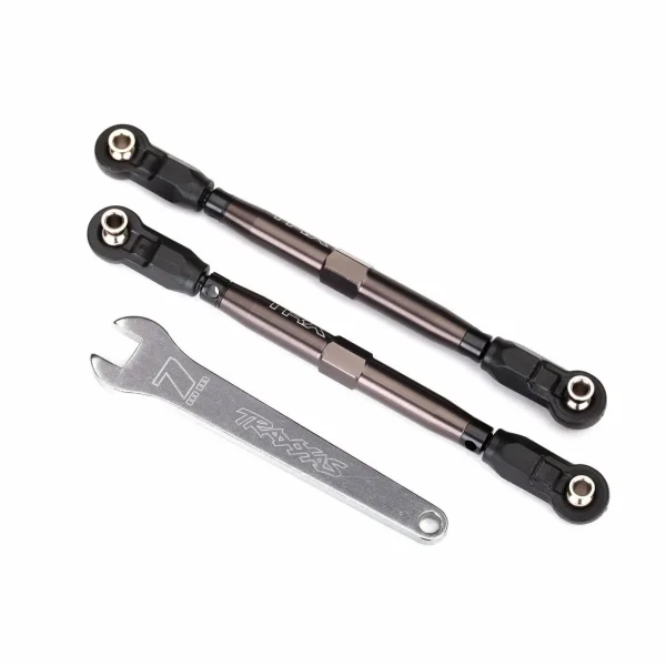 Traxxas Toe links front Unlimited Desert Racer (TUBES dark titanium anodized 7075-T6 Aluminium stronger than titanium) (102mm) (2) (assembled with rod ends and hollow balls)/ Aluminium wrench 7mm (1)