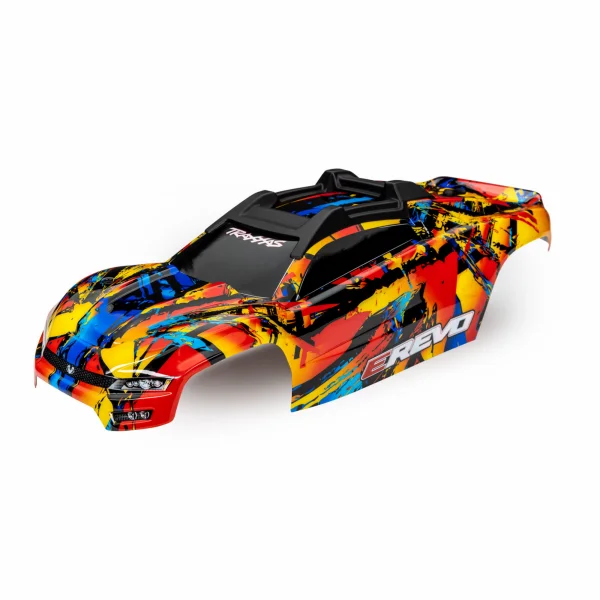 Traxxas Body, E-Revo, Solar Flare (painted, decals applied) (assembled with front + rear body mounts and rear body support for clipless mounting)