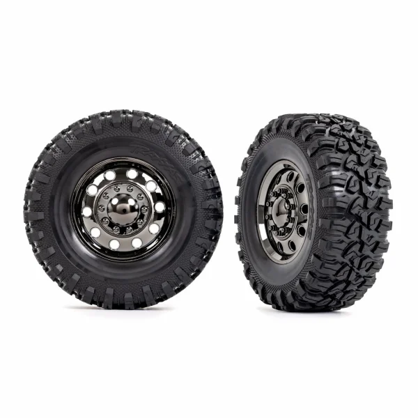 Traxxas Tyres and wheels, assembled, glued (TRX-6 Big Rig 2.2in black chrome wheels, Canyon RT 4.6x2.2in tyres, foam inserts) (front) (2)/ centre caps (black chrome) (2)
