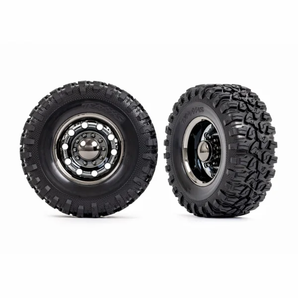 Traxxas Tyres and wheels, assembled, glued (TRX-6 Big Rig 2.2in black chrome wheels, Canyon RT 4.6x2.2in tyres, foam inserts) (rear) (2)/ centre caps (black chrome) (2)