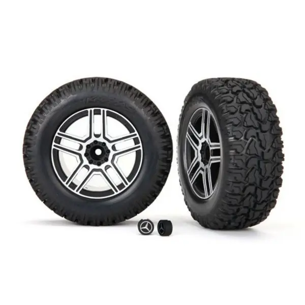 Traxxas Tires and wheels assembled glued (2.6 black satin chrome-plated Mercedes-Benz G 500 4x4 wheels 2.6 tires) (2)/ center caps (2) (requires 8255A extended stub axle) — image 1 of 2