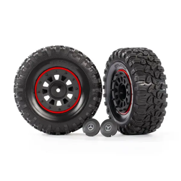 Traxxas Tires and wheels assembled glued (2.2 black Mercedes-Benz G 63 wheels Canyon RT 4.6x2.2 tires) (2)/ center caps (2)/ beadlock rings (2) (requires 8255A extended stub axle)