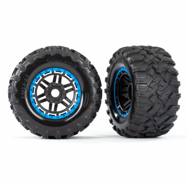 Traxxas Tires wheels assembled glued (black blue beadlock style wheels MAXX MT tires foam inserts) (2) (17mm splined) (TSM rated)