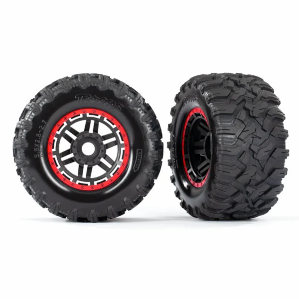 Traxxas Tires wheels assembled glued (black red beadlock style wheels MAXX MT tires foam inserts) (2) (17mm splined) (TSM rated) ** CLEARANCE **