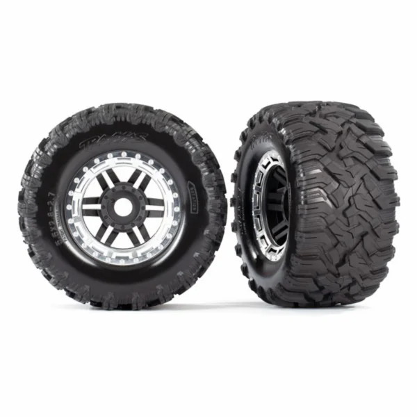 Traxxas Tires wheels assembled glued (black satin chrome beadlock style wheels MAXX MT tires foam inserts) (2) (17mm splined) (TSM rated)