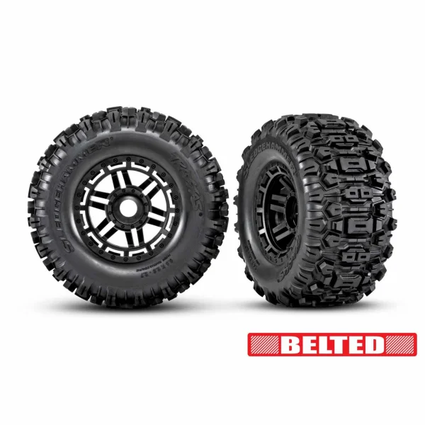 Traxxas Sledgehammer Belted Tyres Glued on Black 3.8 Wheels - 17mm Hex (2)