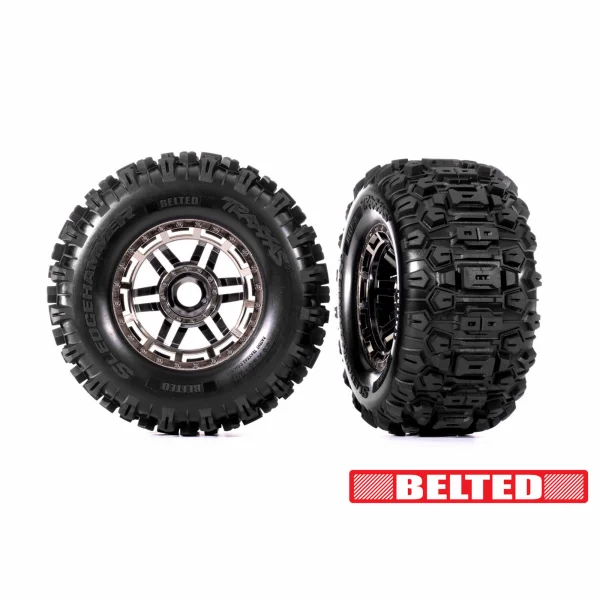 Traxxas Sledgehammer Belted Tyres Glued on Black Chrome 3.8 Wheels - 17mm Hex (2)