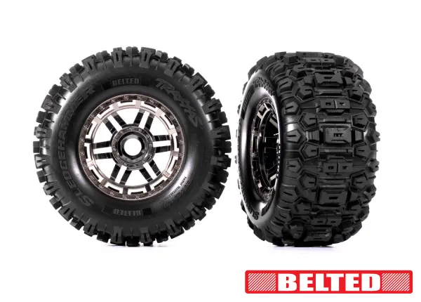Traxxas Sledgehammer Belted Tyres Glued on Black Chrome 3.8 Wheels - 17mm Hex (2) — image 2 of 2