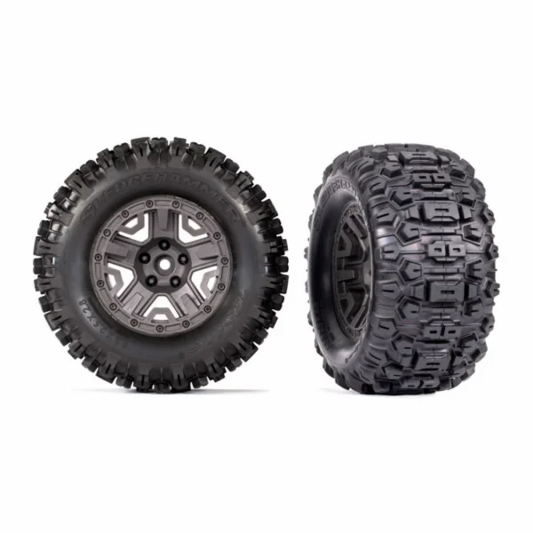 Traxxas Tyres + wheels, assembled, glued (charcoal gray 2.8 wheels, Sledgehammer Tyres, foam inserts) (2) (TSM rated)