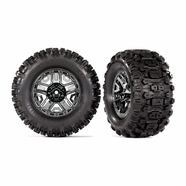 Traxxas Sledgehammer TSM 2.8 Tyres Pre Glued on Black Chrome Wheels (2)