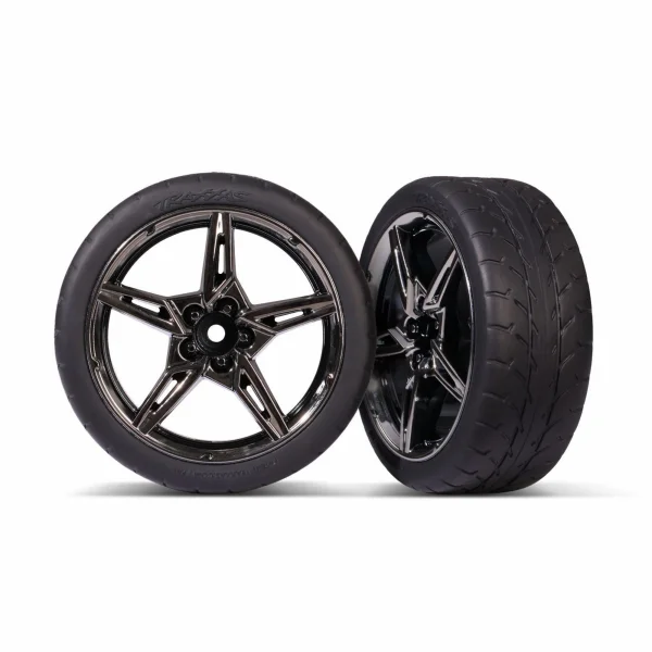 Traxxas Tyres and wheels, assembled, glued (split-spoke black chrome wheels, 19 Response Tyres) (front) (2) — image 1 of 2