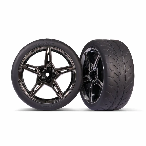 Traxxas Tyres and wheels, assembled, glued (split-spoke black chrome wheels,19 Response Tyres) (extra wide, rear) (2) — image 1 of 2