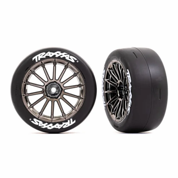 Traxxas Tyres and wheels, assembled, glued (multi-spoke black chrome wheels, 2.0 slick Tyres with Traxxas logo, foam inserts) (front) (2) (VXL rated)