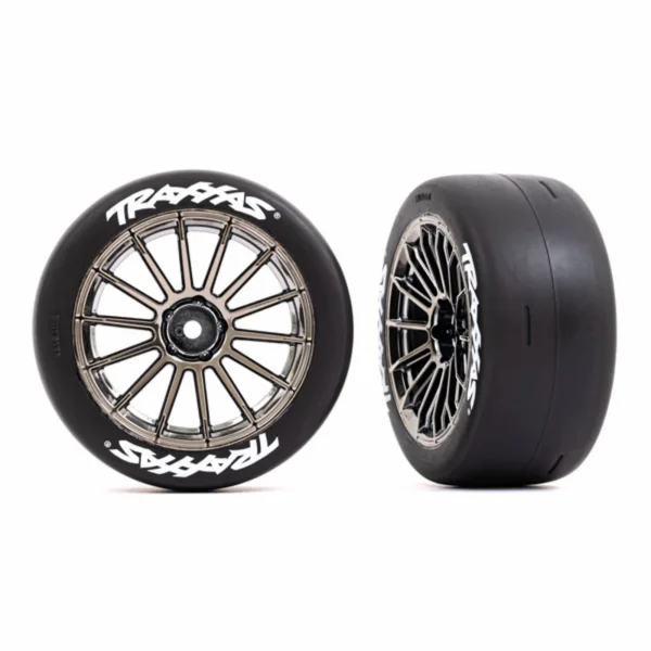 Traxxas Tyres and wheels, assembled, glued (multi-spoke black chrome wheels, 2.0 slick Tyres with Traxxas logo, foam inserts) (rear) (2) (VXL rated)