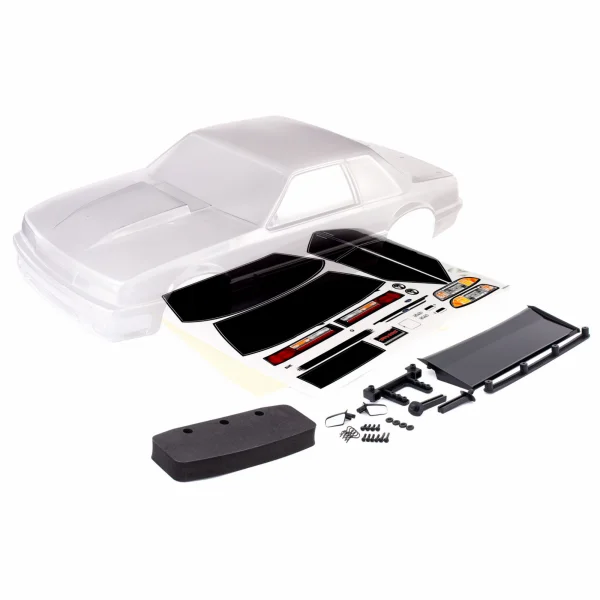 Traxxas Body, Ford Mustang, Fox Body (clear, requires painting)/ window masks/ decal sheet