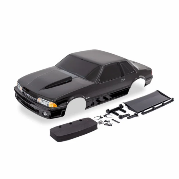 Traxxas Body, Ford Mustang, Fox Body, black (painted, decals applied) (includes side mirrors, wing, wing retainer, rear body mount posts, foam body bumper, + mounting hardware)