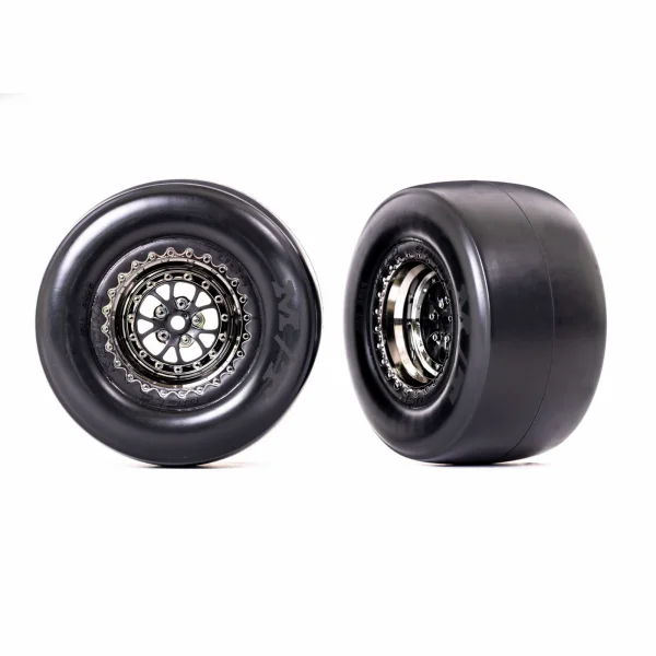 Traxxas Tyres + wheels, assembled, glued (Weld black chrome wheels, Mickey Thompson ET Drag Slicks, smoke, foam inserts) (rear) (2)