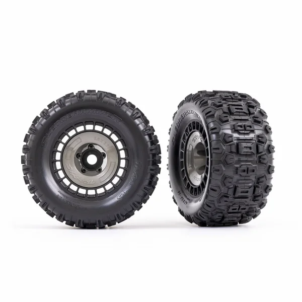 Traxxas Tyres and wheels, assembled, glued (3.8in black wheels, gray wheel covers, Sledgehammer tyres, foam inserts) (2)