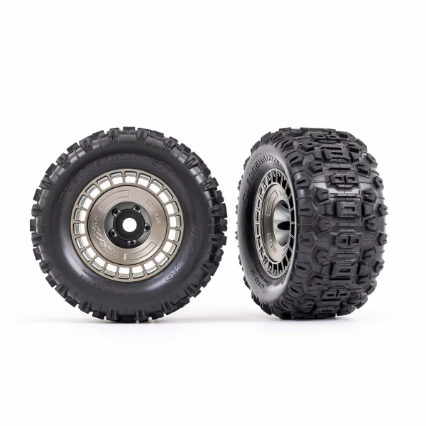 Traxxas Tyres and wheels, assembled, glued (3.8in satin black chrome wheels, satin black chrome wheel covers, Sledgehammer tyres, foam inserts) (2)