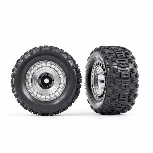 Traxxas Tyres and wheels, assembled, glued (3.8in satin chrome wheels, satin chrome wheel covers, Sledgehammer tyres, foam inserts) (2)