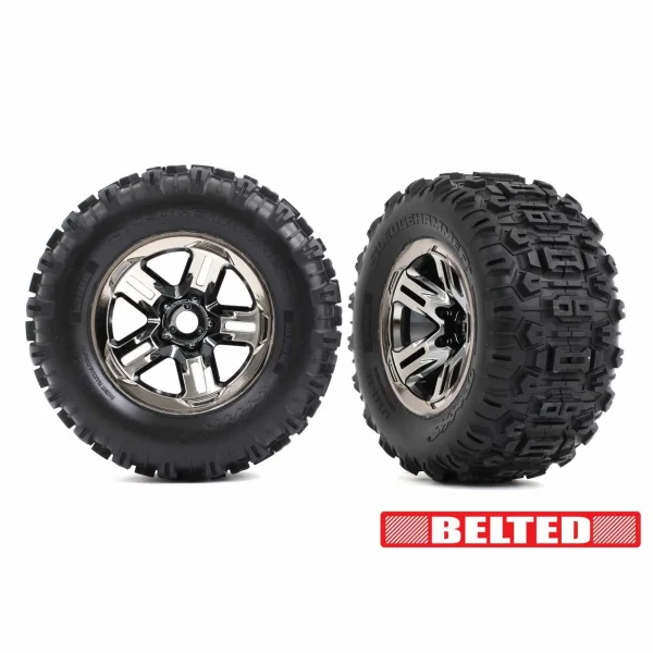 Traxxas Sledgehammer 3.8 Belted Tyres Glued on Black Chrome Wheels (2)