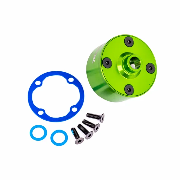 Traxxas Carrier, differential (aluminium, green-anodised)/ differential bushing/ ring gear gasket/ 3x10mm CCS (4)