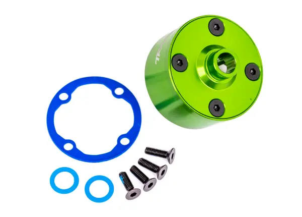 Traxxas Carrier, differential (aluminium, green-anodised)/ differential bushing/ ring gear gasket/ 3x10mm CCS (4) — image 2 of 2