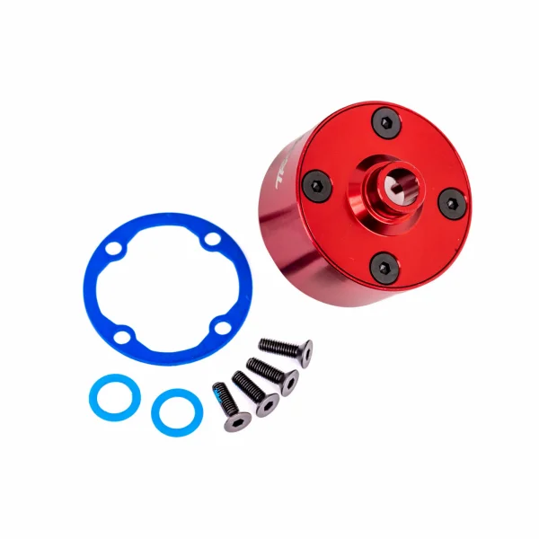 Traxxas Carrier, differential (aluminium, red-anodised)/ differential bushing/ ring gear gasket/ 3x10mm CCS (4)