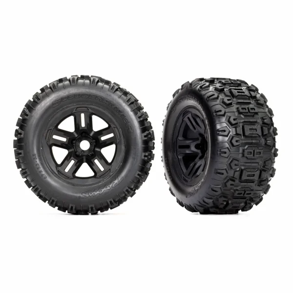 Traxxas Tyres and wheels, assembled, glued (38in black wheels, Sledgehammer Tyres, foam inserts) (2)