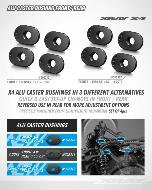XRay X4 Aluminium Caster Bushing Front 5 / Rear 2.5 - 3 Dots (4) &mdash; image 3 of 3