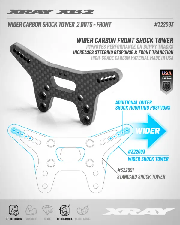 XRay XB2 Wider Carbon Shock Tower For Bridge Upper Deck - 2 Dots - Front &mdash; image 2 of 2