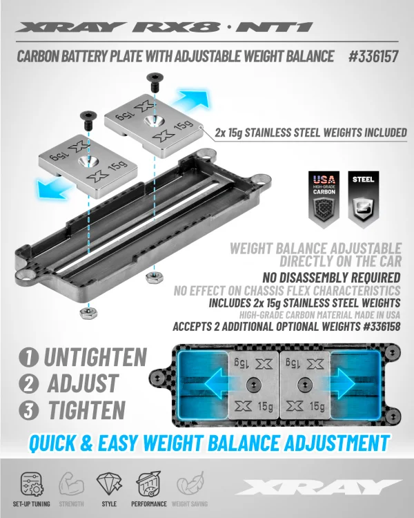 XRay NT1/RX8 Carbon Battery Plate Adjustable Weight Balance - Set — image 2 of 4